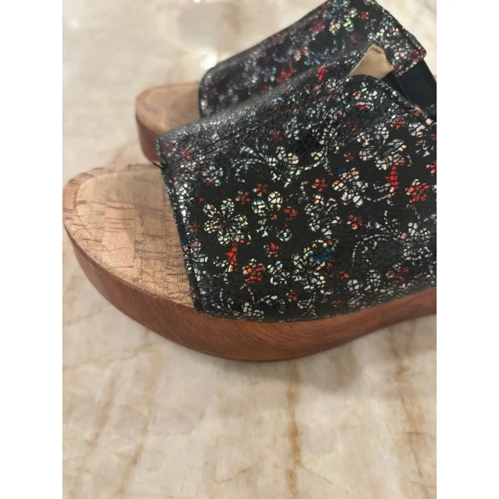 Women's Alegria Black Multicolor Floral Wedge Sandals Size 8 (EU 38)